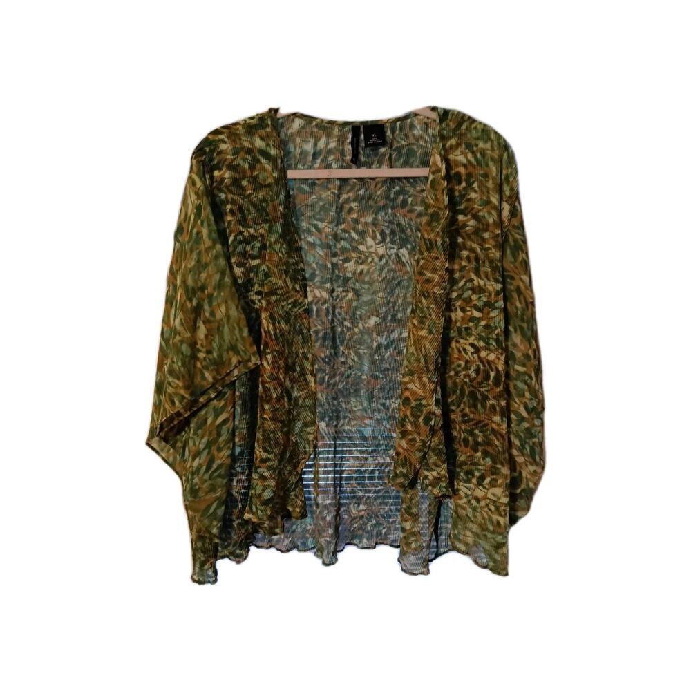 New Directions Green Leaf Print Kimono Duster Lettuce Hem Sz.XL Forest Fairy